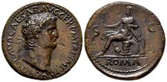 Roman Imperial / Imperio Romano Nero. Sestertius. 65 AD. Rome. (Ric-273 var). (Bmcre-173). (Bn-369-70). Anv.: NERO CLAVD CAESAR AVG GER P M TR P IMP P P, laureate head right. Rev.: Roma, helmeted and 