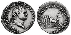 Roman Imperial / Imperio Romano Titus. Denarius. 79 AD. Rome. (Ric-8). Anv.: IMP TITVS CAES VESPASIAN AVG P M, laureate head right. Rev.: TR P VIIII IMP XV COS VII P P. slow quadriga left, car garland