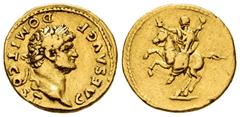 Roman Imperial / Imperio Romano Domitian. Aureus. 73 AD. Rome. (Spink-2627). (Ric-232). (Cal-812). Anv.: CAES AVG F DOMIT COS II. Laureate bust right. Rev.: Anepigraphe. Domitian galloping to left wit