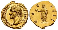 Roman Imperial / Imperio Romano Antoninus Pius. Aureus. 152-153 AD. Rome. (Ric-206). (Cal-1518). (Ch-305). Anv.: ANTONINVS AVG PIVS P P TR P XV. Laureate head left. Rev.: COS IIII, The emperor, togate