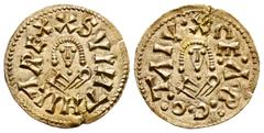 Visigothic Coins / Monedas Visigodas Suinthila (621-631). Tremissis. Caesar Augusta. (Cnv-334.5). (Pliego-338 h). Anv.: X SVINTHILARE+. Rev.: X CE:AR:C·O:TAIV·. Au. 1,18 g. Thin flan cracks. Rare. XF.