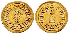 Visigothic Coins / Monedas Visigodas Wamba (672-680). Tremissis. Emerita (Mérida). (Cnv-480.1). (Pliego-628b). Anv.: +I·D·IN·M·EVVAMBAP+. Rev.: +EMERIAPIVS. Au. 1,40 g. Magnificent sharply struck and 