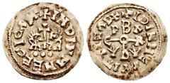 Visigothic Coins / Monedas Visigodas Egica and Witiza (698-702). Tremissis. 11-10 BC. Córdoba. (R. Pliego-129). (Cnv-183). Anv.: + INDINMNEEGICAP+. Cruciform scepter flanked by half-length busts of Eg