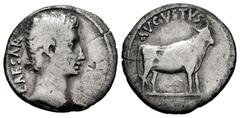 Roman Imperatorial Augustus. Denarius. 20-21 a.C. Samos. (Ric-475). (Bmcre-663). (Rsc-28). Anv.: CAESAR. Bare head to right. Rev.: AVGVSTVS. Bull standing to the right . Ag. 3,33 g. Almost VF. Est...2
