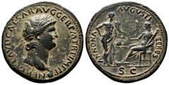 Roman Imperial Nero. Sestertius. 65 AD. Lugdunum. (Ric-390). (Bmcre-305). Anv.: NERO CLAVD CAESAR AVG GER P M TR P IMP P P, laureate bust right, globe at point of bust. Rev.: ANNONA AVGVSTI CERES, Ann