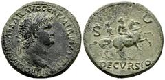 Roman Imperial Nero. Sestertius. 67 AD. Lugdunum. (Ric-579). (Bmcre-317). Anv.: NERO CLAVD CAESAR AVG GER P M TR P IMP P P, laureate head right, globe at point of bust. Rev.: DECVRSIO, Nero riding rig