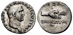 Roman Imperial Vitellius. Denarius. 69 AD. Rome. (Ric-67). (Bmcre-2). (Rsc-36). Anv.: A VITELLIVS GERMANICVS IMP, bare head right . Rev.: FIDES EXERCITVVM, two clasped right hands. Ag. 3,18 g. Scratch
