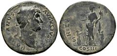 Roman Imperial Hadrian. Sestertius. 117-138 AD. Rome. (Ric-970c). Rev.: HILARITAS P R / COS III / SC, Hilaritas standing facing, head left, holding long palm branch and cornucopia; a small child to ei