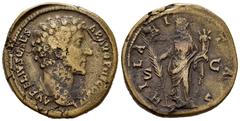 Roman Imperial Marcus Aurelius. Sestertius. 145 AD. Rome. (Spink-4802). (Ric-1242a). Rev.: HILARITAS SC. Ae. 25,07 g. Retains collector's label. Almost VF. Est...100,00. SPANISH DESCRIPTION: Marco Aur