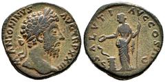 Roman Imperial Marcus Aurelius. Sestertius. 168-169 AD. Rome. (Ric-964). (Bmcre-1351). (C-544). Anv.: M ANTONINVS AVG TR P XXIII, laureate head to right. Rev.: SALVTI AVG COS III, Salus standing to le