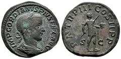 Roman Imperial Gordian III. Sestertius. 238-244 AD. Rome. (Ric-307). Rev.: P M TR P III COS II P P SC. Emperor standing right with spear and globe. Ae. 19,15 g. Choice VF. Est...175,00. SPANISH DESCRI