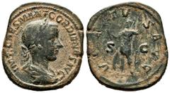 Roman Imperial Gordian III. Sestertius. 240 AD. Rome. (Ric-273). Anv.: IMP CAES M ANT GORDIANVS AVG, laureate, draped and cuirassed bust right. Rev.: VIRTVS AVG, Virtus standing facing, head left, hol