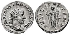 Roman Imperial Philip I. Antoninianus. 245 AD. Rome. (Spink-8928). (Ric-31). (Seaby-43). Rev.: FELICITAS TEMP. Felicitas standing left holding caduceus and cornucopiae. Ag. 3,20 g. Choice VF. Est...50