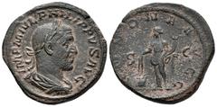 Roman Imperial Philip I. Sestertius. 244-249 AD. (Ric-168a). (C-26). Anv.: IMP M IVL PHILIPPVS AVG, laureate, draped, and cuirassed bust right. Rev.: ANNONA AVGG, Annona standing facing, head left, ho
