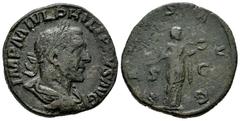 Roman Imperial Philip I. Sestertius. 244-249 AD. Rome. (Ric-186). (Ch-211). Rev.: SALVS AVG / S-C Salus, wearing long dress and cloak, standing right, feeding snake held in both arms. Ae. 17,86 g. Alm