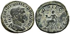 Roman Imperial Philip I. Sestertius. 245 AD. Rome. (Ric-148a). (C-121). Anv.: IMP M IVL PHILIPPVS AVG, laureate, draped and cuirassed bust right. Rev.: P M TR P II COS P P, Emperor seated left on curu