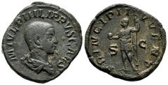 Roman Imperial Philip II. Sestertius. 244-246 AD. Rome. (Ric-256a). (C-56). Anv.: M IVL PHILIPPVS CAES, bare head and draped bust right. Rev.: PRINCIPI IVVENT, Philip II standing left, holding globe a