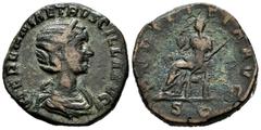Roman Imperial Herennia Etruscilla. Sestertius. 249-251 AD. Rome. (Ric-136b). (Ch-22). Rev.: PVDICITIA AVG, S C in exergue, Pudicitia seated left, drawing veil from head with right hand, cradling scep