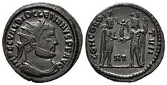 Roman Imperial Diocletian. Antoninianus. 295-298 AD. Heraclea. (Ric-13). Rev.: CONCORDIA MILITVM, emperor standing right, holding parazonium, receiving Victory on globe from Jupiter standing left, hol