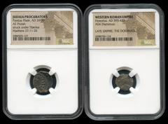 Ancient Coins Ancient Coins. Lot of 2 coins, Prutah of Pontius Pilate (Judaea) and AE4 of Honorius. Both encapsulated by NGC. Ae. TO EXAMINE. Almost F/Almost VF. Est...90,00. SPANISH DESCRIPTION: Mund