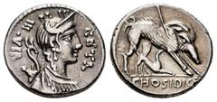 Roman Republican Hosidius. C. Hosidius C.f. Geta. Denarius. 68 BC. South of Italy. (Ffc-748). (Craw-407/2). (Cal-618). Anv.: Diademed head of Diana draped right, bow and quiver at her shoulder GETA be