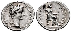 Roman Imperial Tiberius. Denarius. 16 d.C. Lugdunum. (Spink-1763). (Ric-30). Anv.: TI CAESAR DIVI AVG F AVGVSTVS. Laureate head right. Rev.: PONTIF MAXIM; Livia seated right with sceptre. Ag. 3,70 g. 