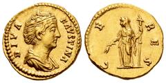 Roman Imperial Faustina Senior. Aureus. 141 AD. Rome. (Ric-378a). (Ch-135). (Cal-1772). Anv.: DIVA FAVSTINA Draped bust right, hair waved and coiled on top of head. Rev.: CERES Ceres, standing left, h