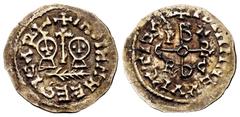Visigothic Coins Egica and Witiza (698-702). Tremissis. Córdoba. (Cnv-560.3). (Pliego-731e). Anv.: +INDINMNEEGICAP+. Rev.: +IDINMNEVVITTIZAP+. Au. 1,23 g. Thin crack. Rare. Choice VF/VF. Est...2000,00