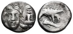 Greek Coins Moesia. Istros. Drachm. 256-240 BC. (SNG Stancomb-144). (SNG BM Black Sea-238). (Hgc-3.2). Anv.: Two young male heads facing inverted. Rev.: IΣTPIH above sea-eagle on dolphin left, A below