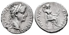 Roman Imperial Tiberius. Denarius. 14-37 AD. Rome. (Ric-30). Anv.: TI CAESAR DIVI AVG F AVGVSTVS, laureate head right. Rev.: PONTIF MAXIM, female figure seated right, holding inverted spear and branch