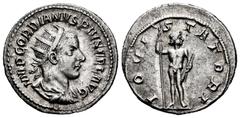 Roman Imperial Gordian III. Antoninianus. 241-243 AD. Rome. (Spink-8615). (Ric-84). (Seaby-109). Rev.: IOVI STATORI, Jupiter standing left with sceptre and thunderbolt. Ag. 4,95 g. Almost XF. Est...50