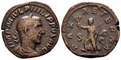 Roman Imperial Philip I. Sestertius. 244-249 AD. Rome. (Spink-9002). (Ric-184a). Rev.: PAX AETERNA SC. Pax advancing left, holding olive branch and scepter. Ae. 20,36 g. Almost VF. Est...50,00. SPANIS