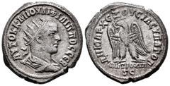 Roman Imperial Philip II. Seleucis and Pieria. Tetradrachm. 248 AD. Antioch. (Prieur-413). Anv.: AYTOK K M IOYΛI ΦIΛIΠΠOC CEB, radiate, draped and cuirassed bust to right. Rev.: ΔHMAPX EΞOYCIAC YΠATO 