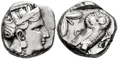 Greek Coins Attica. Athens. Tetradrachm. 454-404 BC. Eastern imitation. (Sng Cop-31). (Kroll-8). Anv.: Head of Athena to right, wearing earring, necklace, and crested Attic helmet decorated with three