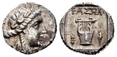 Greek Coins Lycia. Phaselis. Drachm. 167-100 BC. (Troxell-Lycian 53.1-53.10). Anv.: Head of Apollo laureate on the right with bow and quiver on the shoulder. Rev.: Kythara; beam on the left and torch 