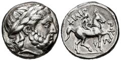 Greek Coins Kingdom of Macedon. Philip II. Tetradrachm. 359-336 BC. Pella. (CNG. III, 862). (Gc-6683 var). (Le Rider-46,3). Anv.: Laureate head of Zeus right. Rev.: Horse and rider right with palm. Ag