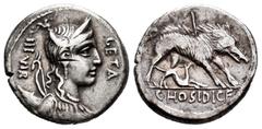 Roman Republican Hosidius. C. Hosidius C.f. Geta. Denarius. 68 BC. South of Italy. (Ffc-750). (Craw-407/2b). (Cal-619). Anv.: Diademed head of Diana draped right, bow and quiver at her shoulder GETA b