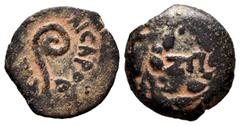 Judaea Judaea. Pontius Pilate. Prutah. RY 17 = 30 CE. Jerusalem. Struck under Tiberius. (Meshorer-333). (Hendin-1342). (RPC-4968). Anv.: (TIBЄPIOY) KAICAPOC, lituus. Rev.: LIZ (date) within wreath . A