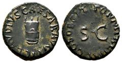 Roman Imperial Claudius. Cuadrante. 42 AD. Rome. (Ric-90). (Bmcre-182). (C-72). Anv.: TI CLAVDIVS CAESAR AVG around modius on three legs. Rev.: PON M TR P PP IMP COS II around large SC . Ae. 2,48 g. C
