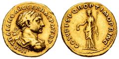 Roman Imperial Trajan. Aureus. 103-11 AD. Rome. (Cal-1001). (Ric-123 var). Anv.: IMP TRAIANO AVG GER DAC P M TR P, laureate, draped, and cuirassed bust right. Rev.: COS V P P S P Q R OPTIMO PRINC, Lib