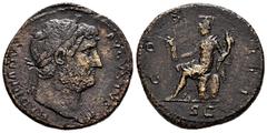 Roman Imperial Hadrian. Sestertius. 124-128 AD. Rome. (Ric-636). Anv.: HADRIANVS AVGVSTVS, Laureate bust r., slight drapery. Rev.: COS III, Roma seated l. on cuirass, foot on helmet, holding Victory a