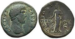 Roman Imperial Aelius. Sestertius. 137 AD. Rome. (Ric-2656). (Banti-18). Anv.: AELIVS CAESAR, bare head right. Rev.: TR POT (COS) II, Pannonia standing facing, holding vexillum upright on ground in ri