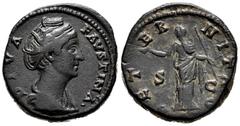 Roman Imperial Diva Faustina. Sestertius. 141 AD. Rome. (Ric-1102). Anv.: DIVA FAVSTINA, draped bust right . Rev.: AETERNITAS, Juno standing left, raising hand and holding sceptre . Ae. 27,29 g. Choic