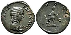 Roman Imperial Julia Domna. Sestertius. 211-215 AD. Rome. (Ric-585b). (Bmcre-210). Anv.: (IVL)IA PIA FELIX AVG, draped bust right. Rev.: IVNON(EM), Juno standing left, holding patera and sceptre, with