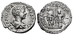 Roman Imperial Geta. Denarius. 200 AD. Rome. (Spink-7196). (Ric-18). (Seaby-157b). Rev.: PRINC IVVENTVTIS. Geta, standing left, holding branch and spear; behind, trophy. Ag. 3,52 g. Almost XF/Choice V