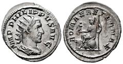 Roman Imperial Philip I. Antoninianus. 244-247 AD. Rome. (Ric-IV 44b). (Rsc-169). Anv.: IMP M IVL PHILIPPVS AVG, radiate, draped and cuirassed bust to right. Rev.: ROMAE AETERNAE, Roma seated left, ho