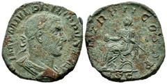 Roman Imperial Philip I. Sestertius. 245 AD. Rome. (Spink-9003). (Ric-148a). Rev.: P M TR P II COS P P, Emperor seated left on curule chair, holding globe and sceptre; SC in exergue. Ae. 21,41 g. Gree