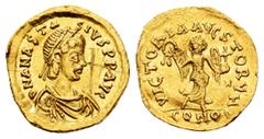 Byzantine Empire Anastasius. Tremissis. 491-518 AD. Constantinople. (MIBE-13). (Doc-10). (Sear-8). Anv.: D N ANASTASIVS P P AVG, pearl-diademed, draped and cuirassed bust to right. Rev.: VICTORIA AVGV