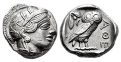 Greek Coins Attica. Tetradrachm. 454-404 BC. Athens. (Gc-2526). (Sng Cop-31). Anv.: Head of Athena right, wearing crested Attic helmet ornamented with three olive leaves above visor and spiral palmett