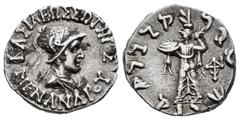 Greek Coins Kings of Bactria. Menander I Soter. Drachm. 160-145 BC. (Bopearachchi-16I). (Sng Ans-879/92). Anv.: Diademed and draped bust right, wearing crested helmet with bull's horn and ear, BAΣIΛEΩ